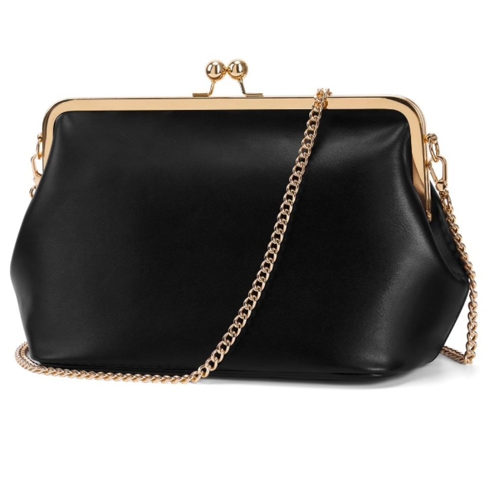 Catsea Kiss Lock Vintage Style Black Soft PU Leather Crossbody Bag. Medium Size